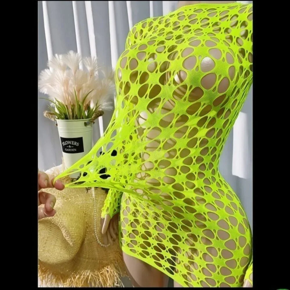Neon Green Cut-Out Long-Sleeve Fishnet Dress Cover Up - Picture 3 of 5